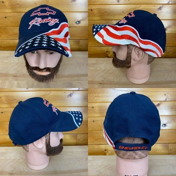 Chevrolet Chevy Bow Tie Racing USA Flag Hat Patriotic! Embroidered Cap Black - Picture 1 of 7